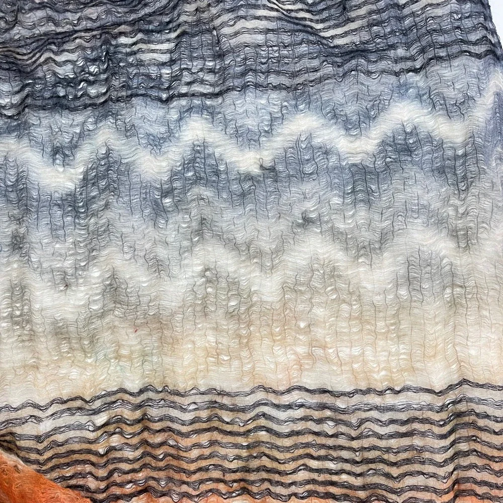 Asian Eye Scarf Women Blue Orange Wool Silk Blend Zig Zag Abstract Sheer Wrap